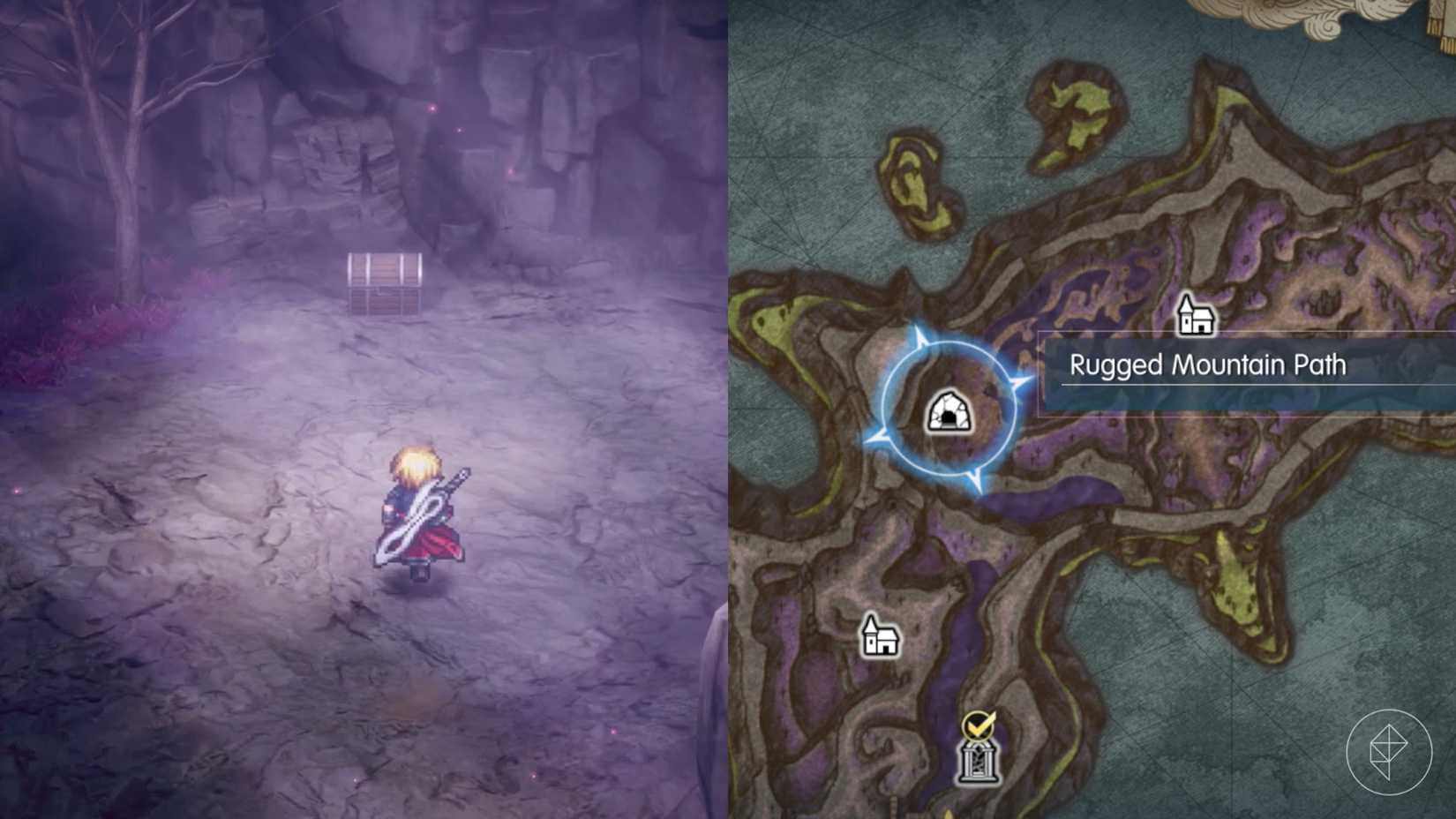 Rain approaches a chest off to the side of the Rugged Mountain Path in Final Fantasy Resonance.