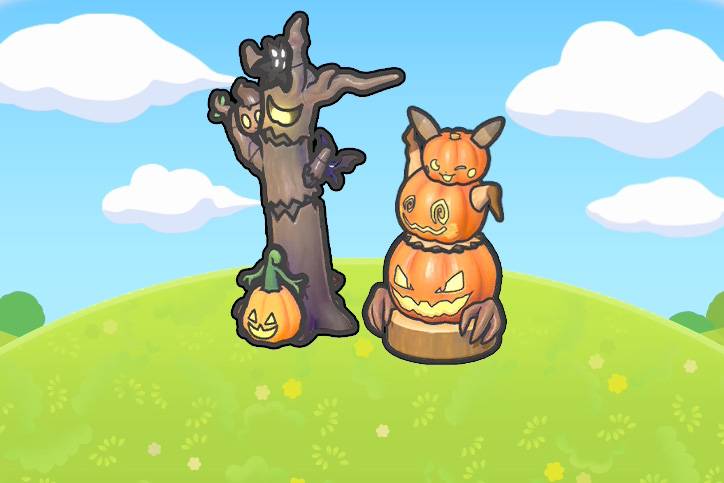 A Pokopia habitat of a creepy tree next to a stack of Pokémon pumpkin lanterns