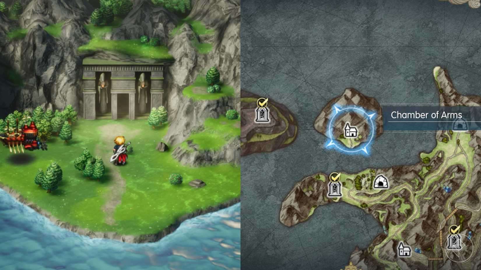 A split map showing Rain standing in front of a temple in Final Fantasy Resonance