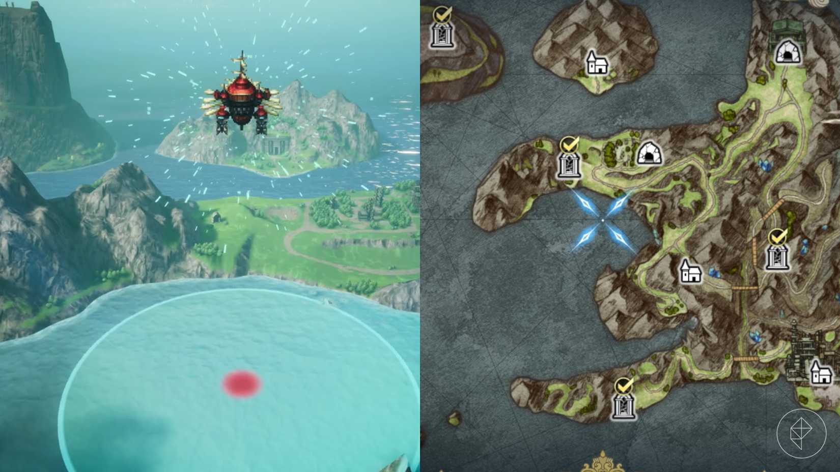 An airship scans a watery alcove in Final Fantasy Resonance.