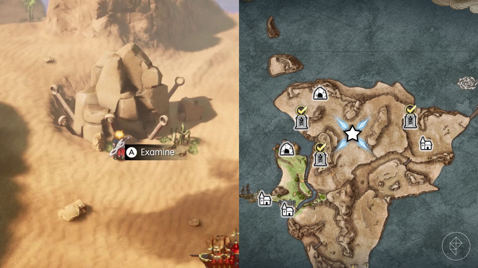 Rain examines a rock with a bunch of sealing stakes driven into it in Final Fantasy Resonance
