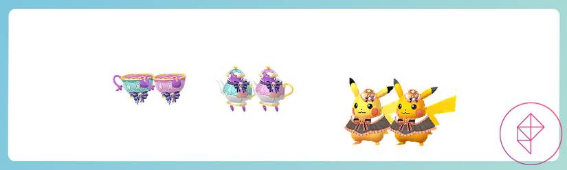 Sinistea, Polteageist, and Pikachu in their Halloween costumes with their shiny versions in Pokémon Go
