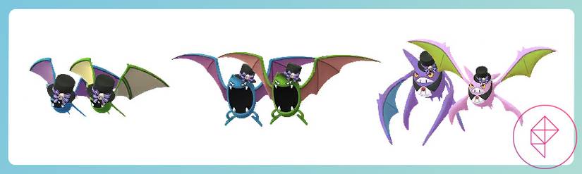 Pokémon Go 'Halloween 2026 Part 1' event guide 9 Zubat, Golbat, and Crobat in top hats with their shiny forms in Pokémon Go
