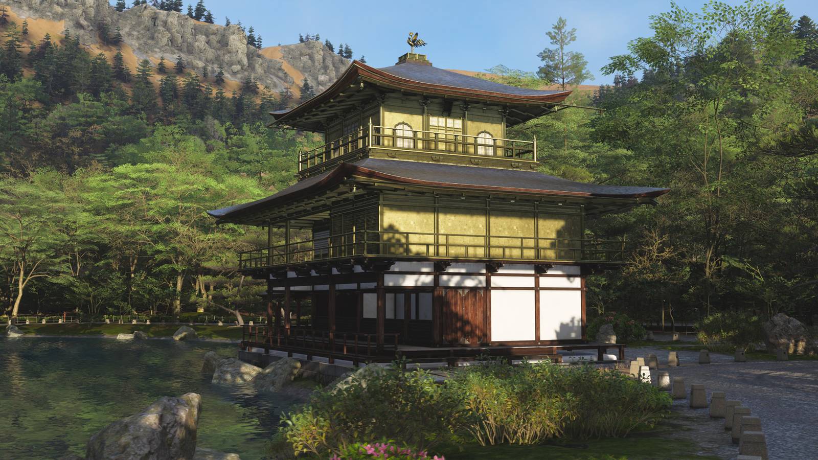 Kinkaku-Ji Temple, the temple covered in gold leaf, as seen in Forza Horizon 6.