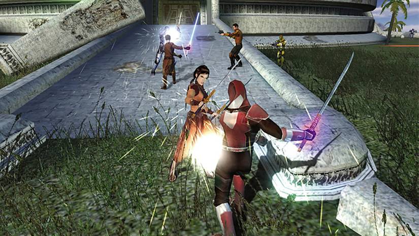 KOTOR Screenshot with Bastila Shan, Carth Onasi, and Revan