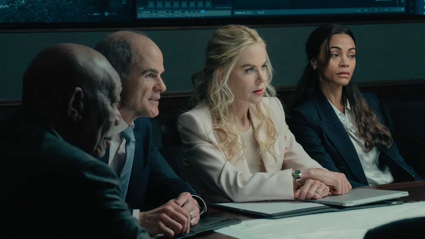Morgan Freeman, Michael Kelly, Nicole Kidman, and Zoe Saldaña in a scene from Lioness.