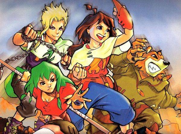 Lufia: The Ruins of Lore official advertisement artwork shows four heroes springing into battle