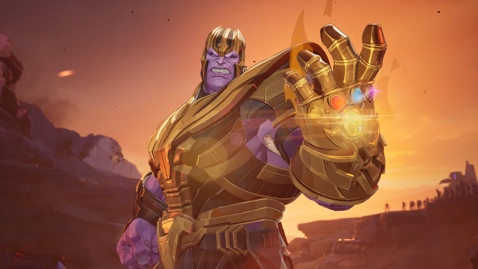 Thanos posing dramatically with the Infinity Gauntlet.