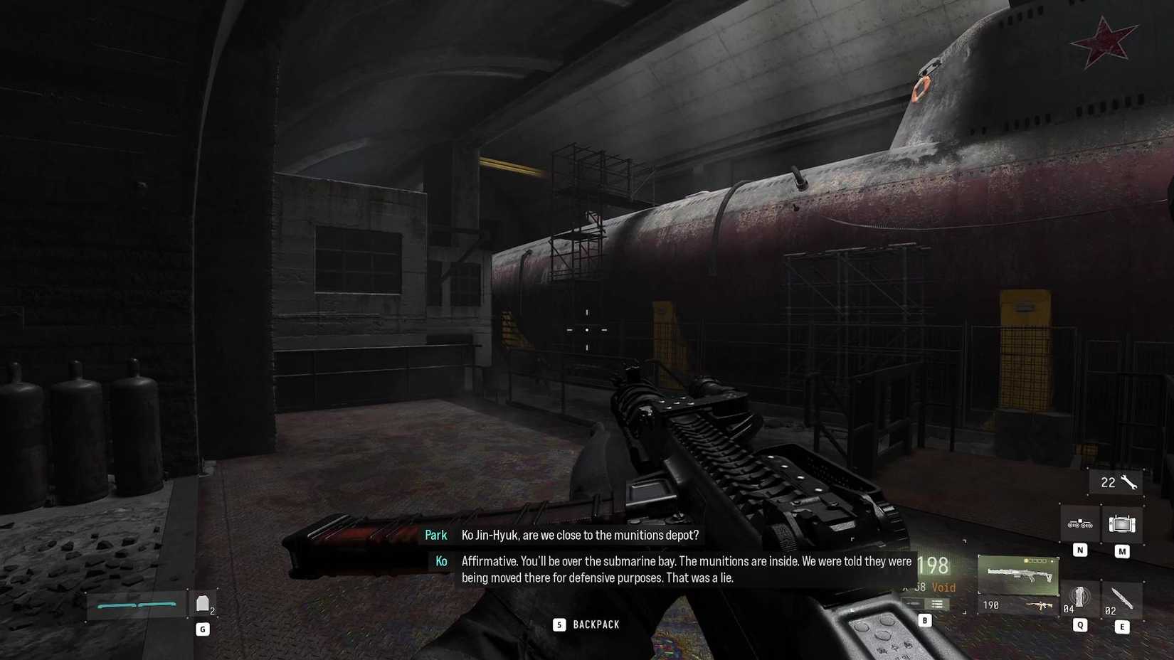 A Modern Warfare 4 screenshot showing a huge submarine in an abandoned bunker.
