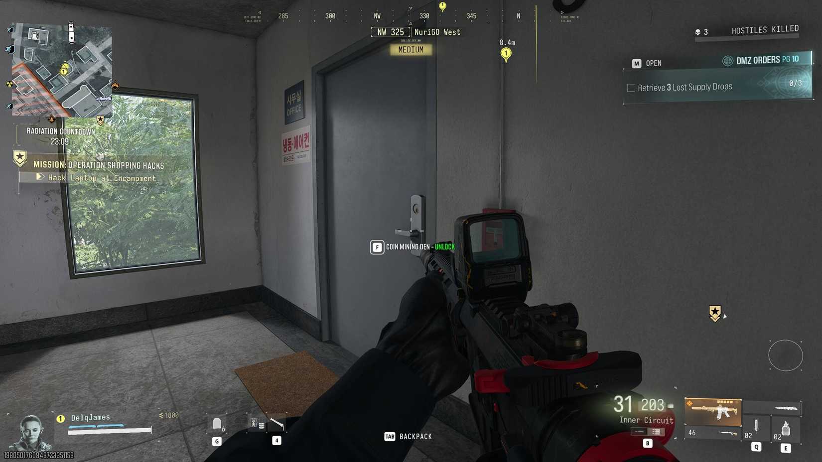 The player looking at the coin mining den door in DMZ.