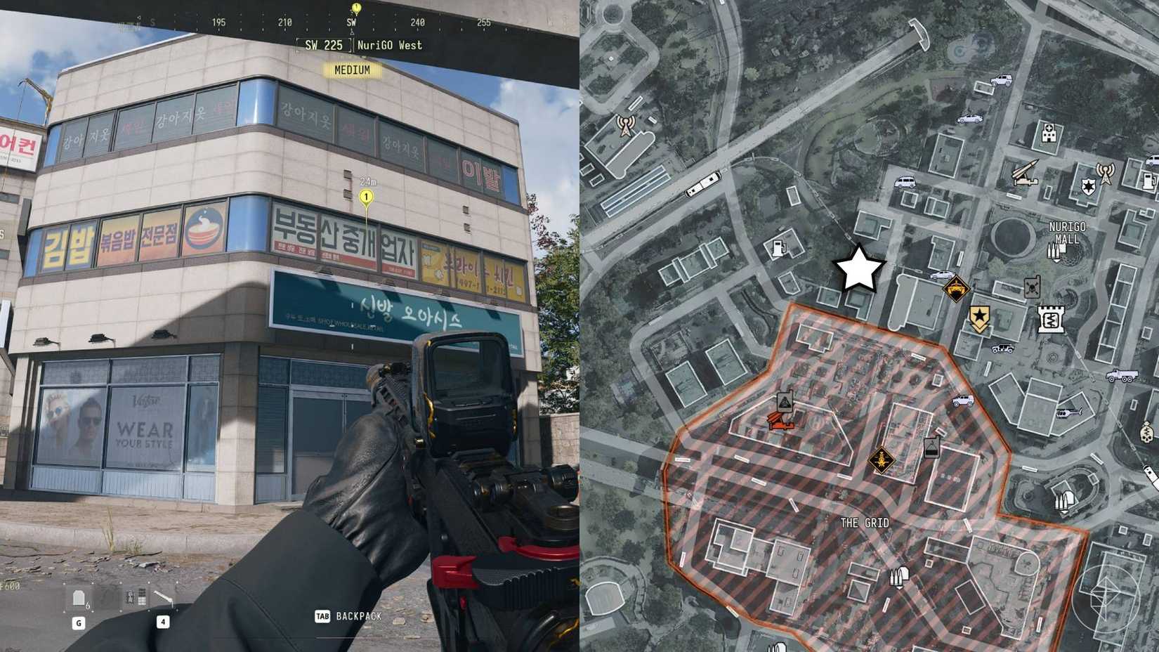 The left-hand side of the image shows the player looking at the building with the coin mining den inside while the right-hand side shows the location marked on the in-game map with a star icon.