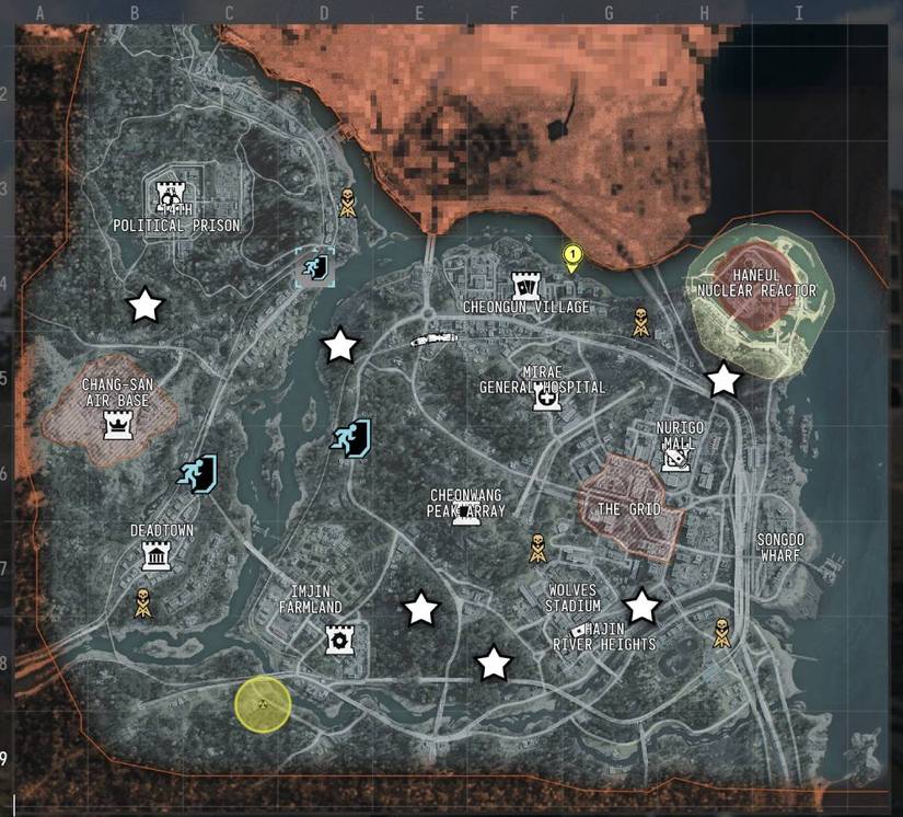 A map of DMZ showing all six compound locations highlighted with a star icon.