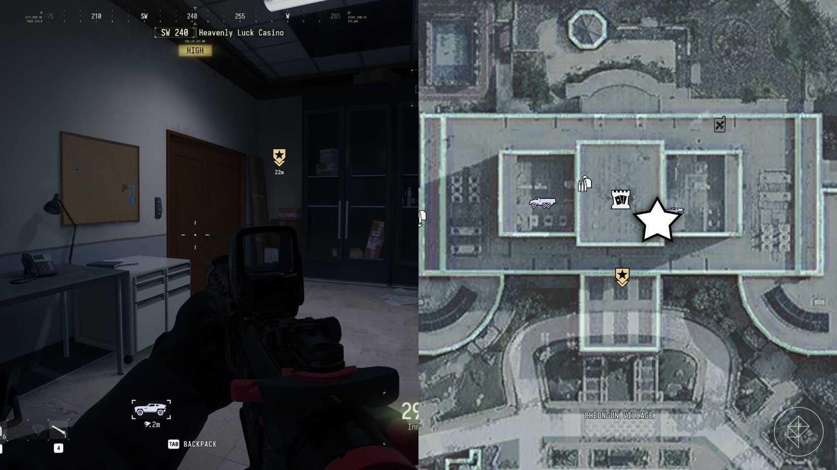 Where to use the counting room vault key in DMZ in Modern Warfare 4 6 The left-hand side of the image shows the locked counting room vault door in DMZ while the right-hand side of the image shows the location marked on the in-game map with a star.