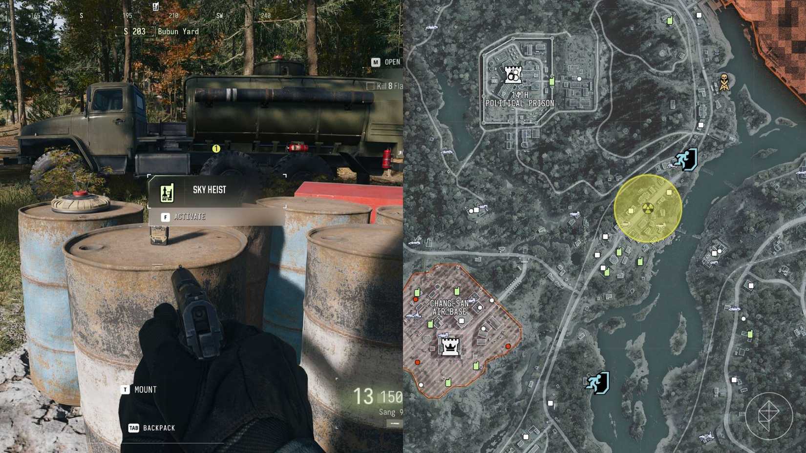 The left-hand side of the image shows the player in front of a dynamic op phone in Modern Warfare 4 DMZ while the right-hand side shows the in-game map with lots of dynamic phone options.