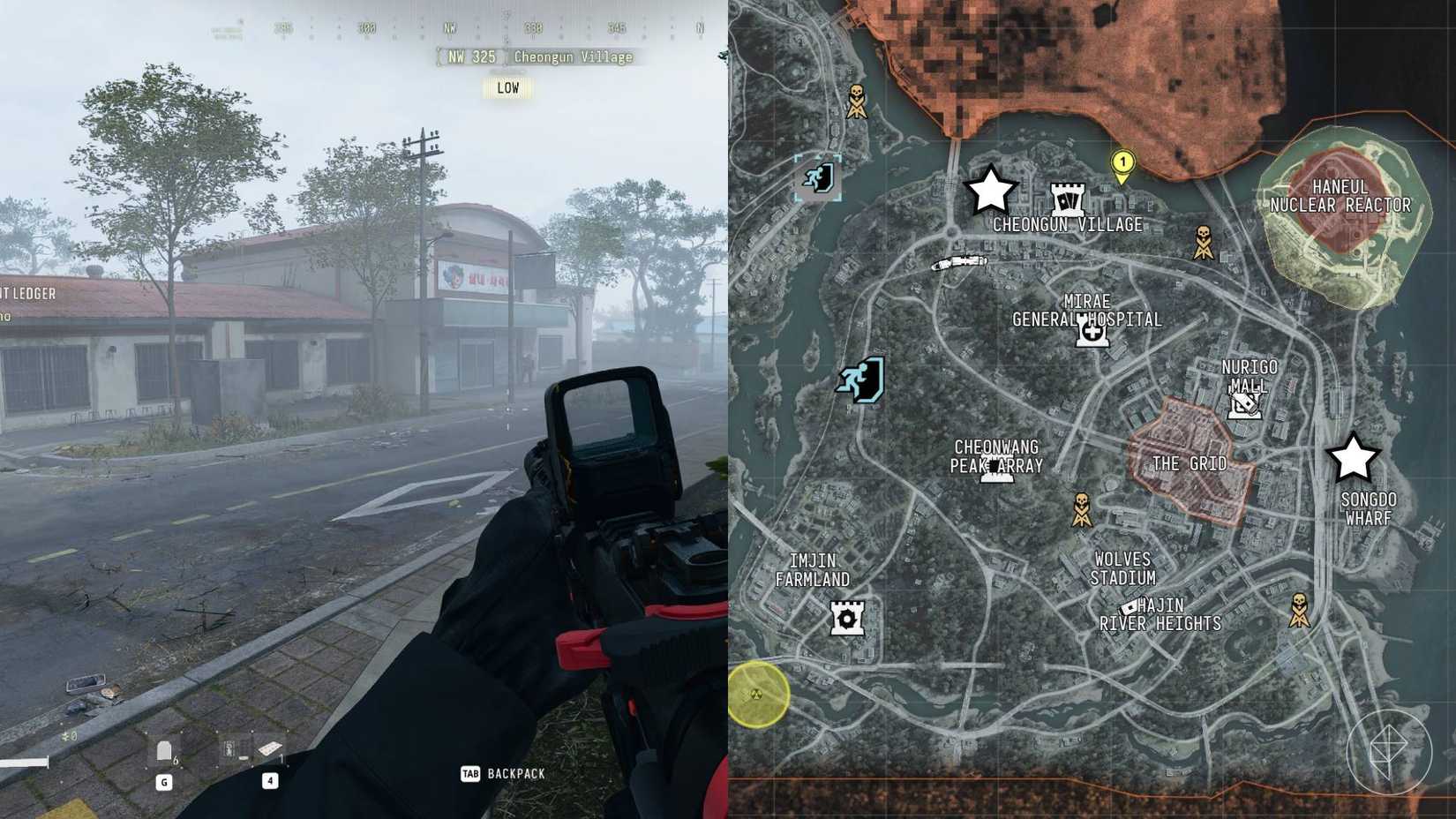 The left-hand side of the image shows the player outside the gun store in DMZ while the right-hand side of the image shows the two gun store locations marked on the in-game map with a star icon.