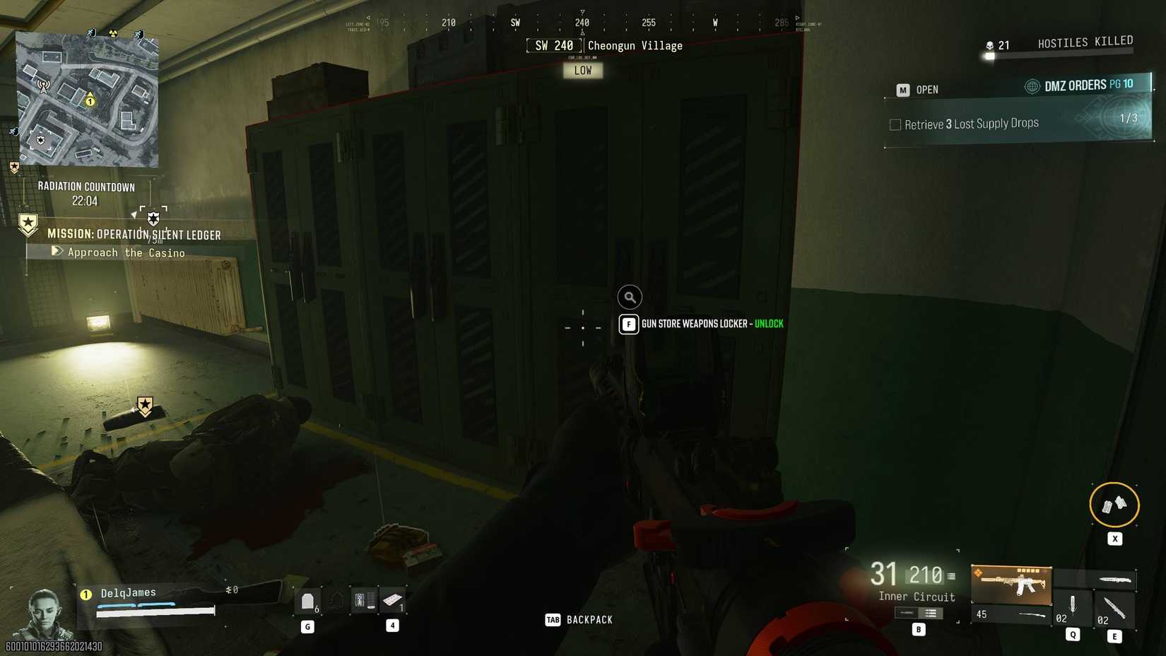 The player in front of the gun store weapons locker in DMZ.