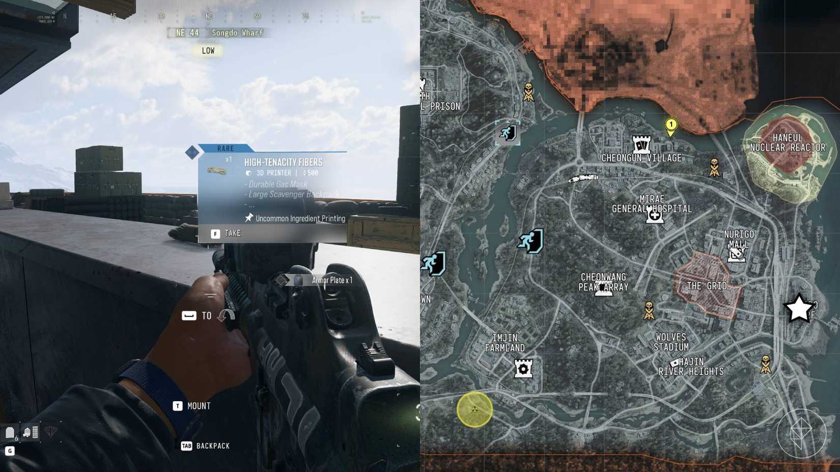 How to get high-tenacity fibers in DMZ in Modern Warfare 4 4 The left-hand side of the image shows the player in-game looking at high-tenacity fibers while the right-hand side of the image shows the location of the La Grand Vie rooftop in Songdo Wharf marked on the Modern Warfare 4 DMZ map with a star icon.