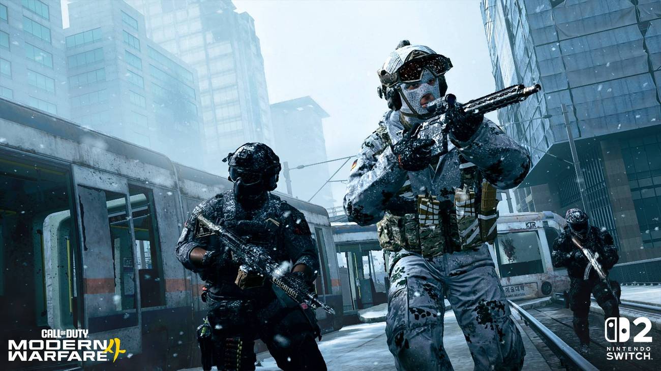 Three players exploring a snowy DMZ in Modern Warfare 4.