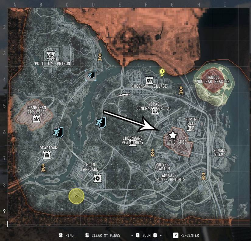 The in-game DMZ map with the Netshin Tech Complex marked by a star and an arrow pointing to it.