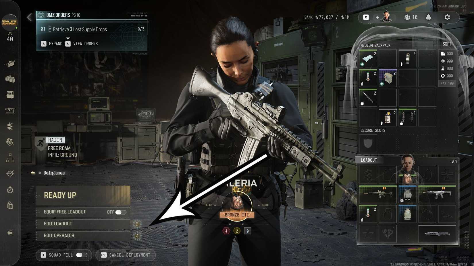 8 MW4 DMZ beginner's tips to help you conquer Hajin 21 The deployment screen in DMZ with an arrow pointing at the insurance options.