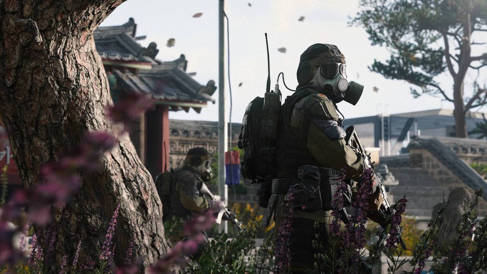 A soldier in DMZ with a gas mask.