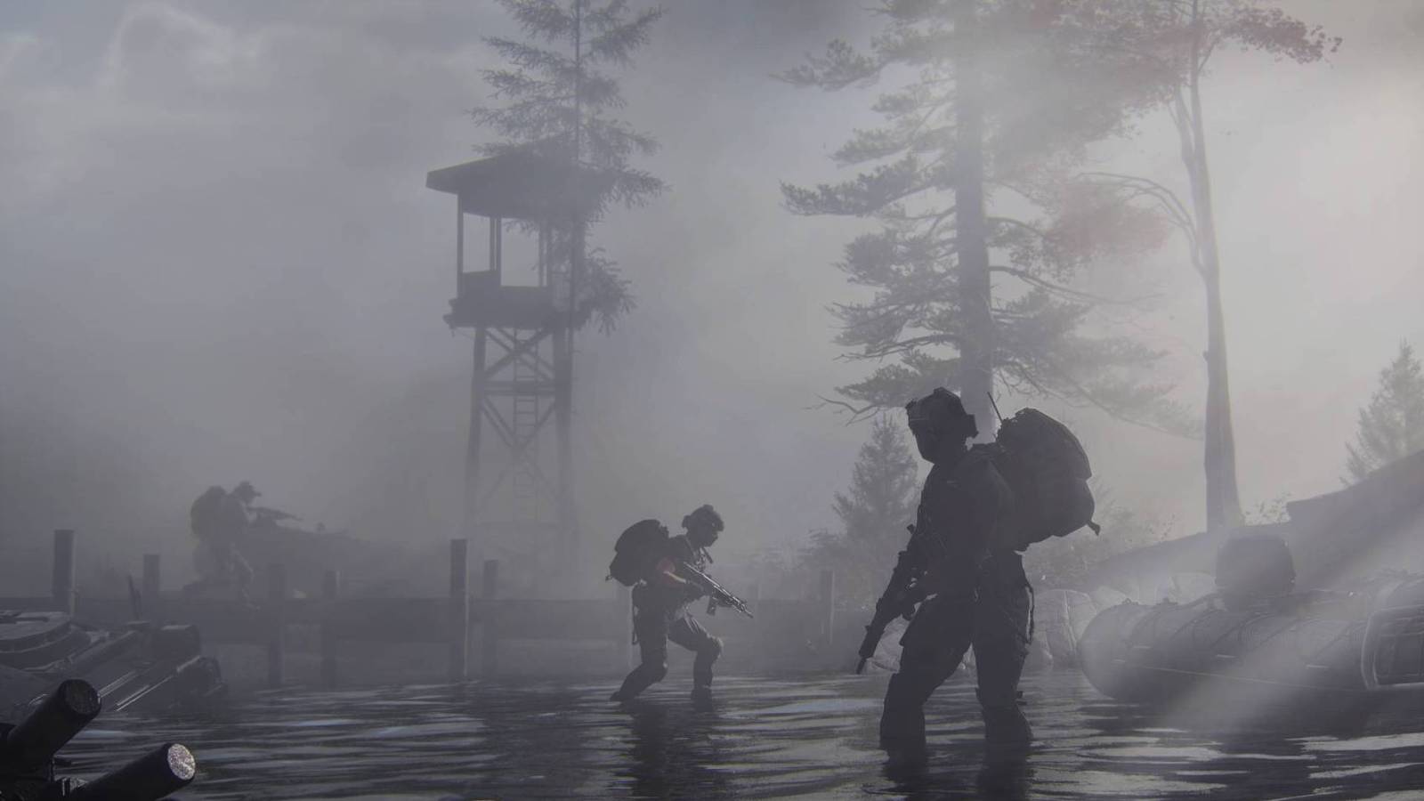 Three soldiers in the fog in DMZ in Modern Warfare 4.
