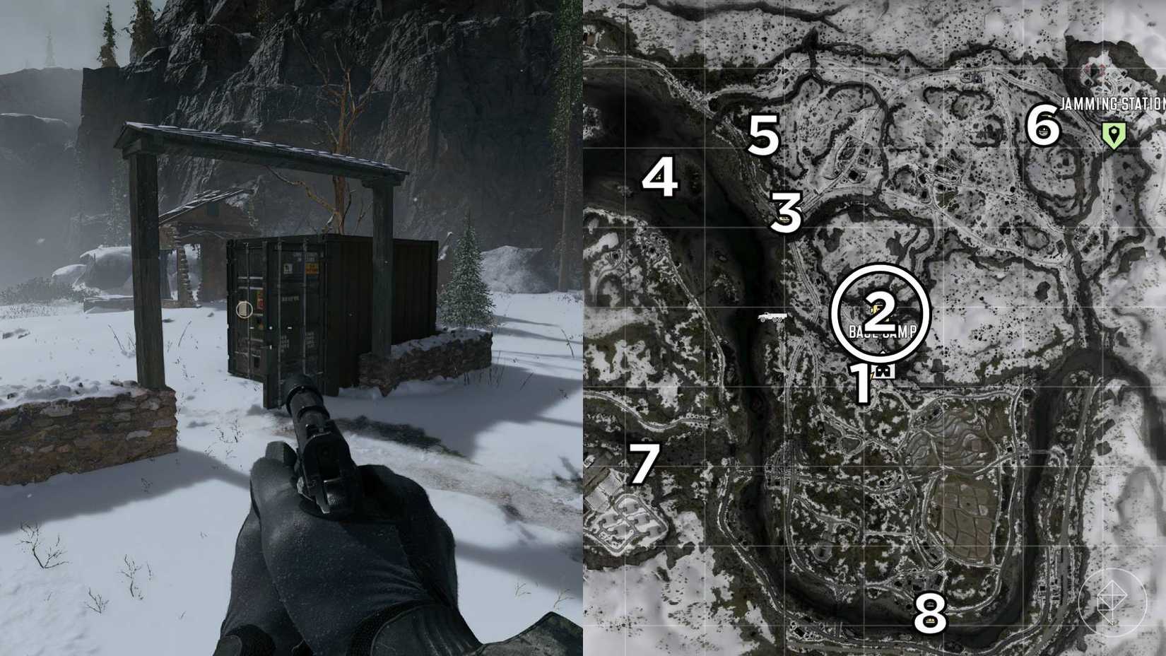 The left-hand side of the image shows the location of the keypad puzzle during the "Stranded" mission in Modern Warfare 4 while the right-hand side of the image shows the location numbered and circled on the in-game map.