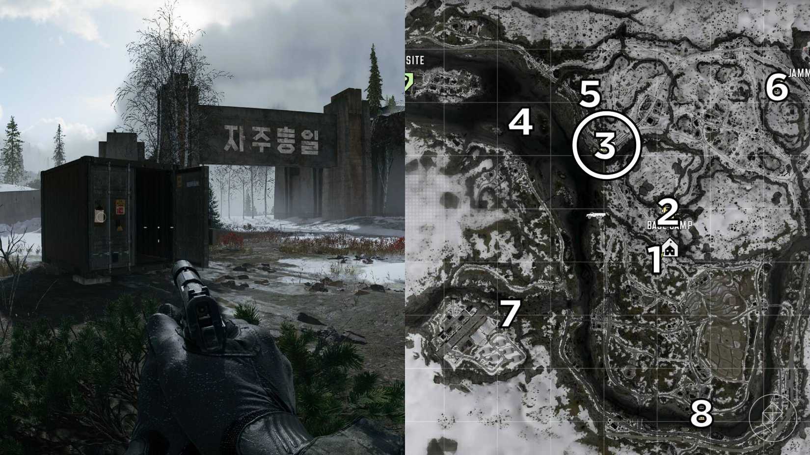 The left-hand side of the image shows the location of the keypad puzzle during the "Stranded" mission in Modern Warfare 4 while the right-hand side of the image shows the location numbered and circled on the in-game map.
