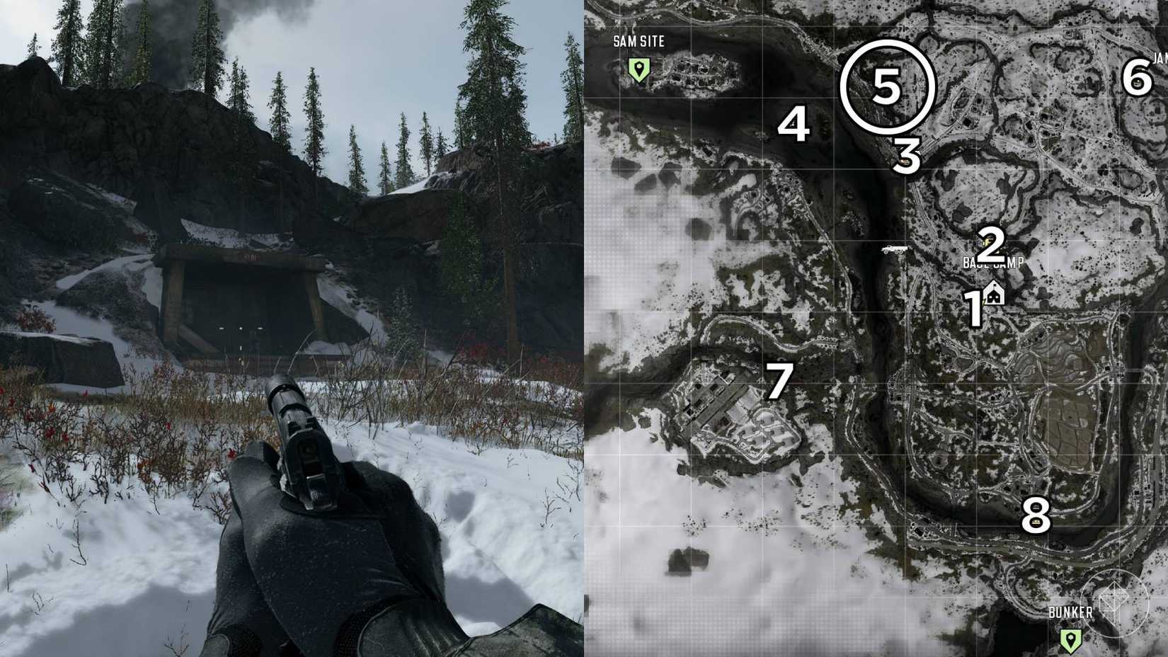 The left-hand side of the image shows the location of the keypad puzzle during the "Stranded" mission in Modern Warfare 4 while the right-hand side of the image shows the location numbered and circled on the in-game map.