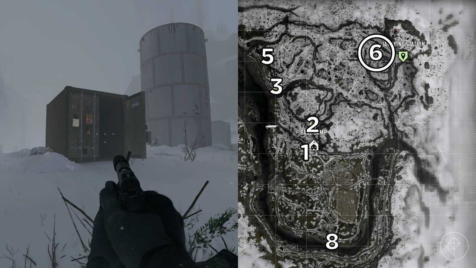 The left-hand side of the image shows the location of the keypad puzzle during the "Stranded" mission in Modern Warfare 4 while the right-hand side of the image shows the location numbered and circled on the in-game map.