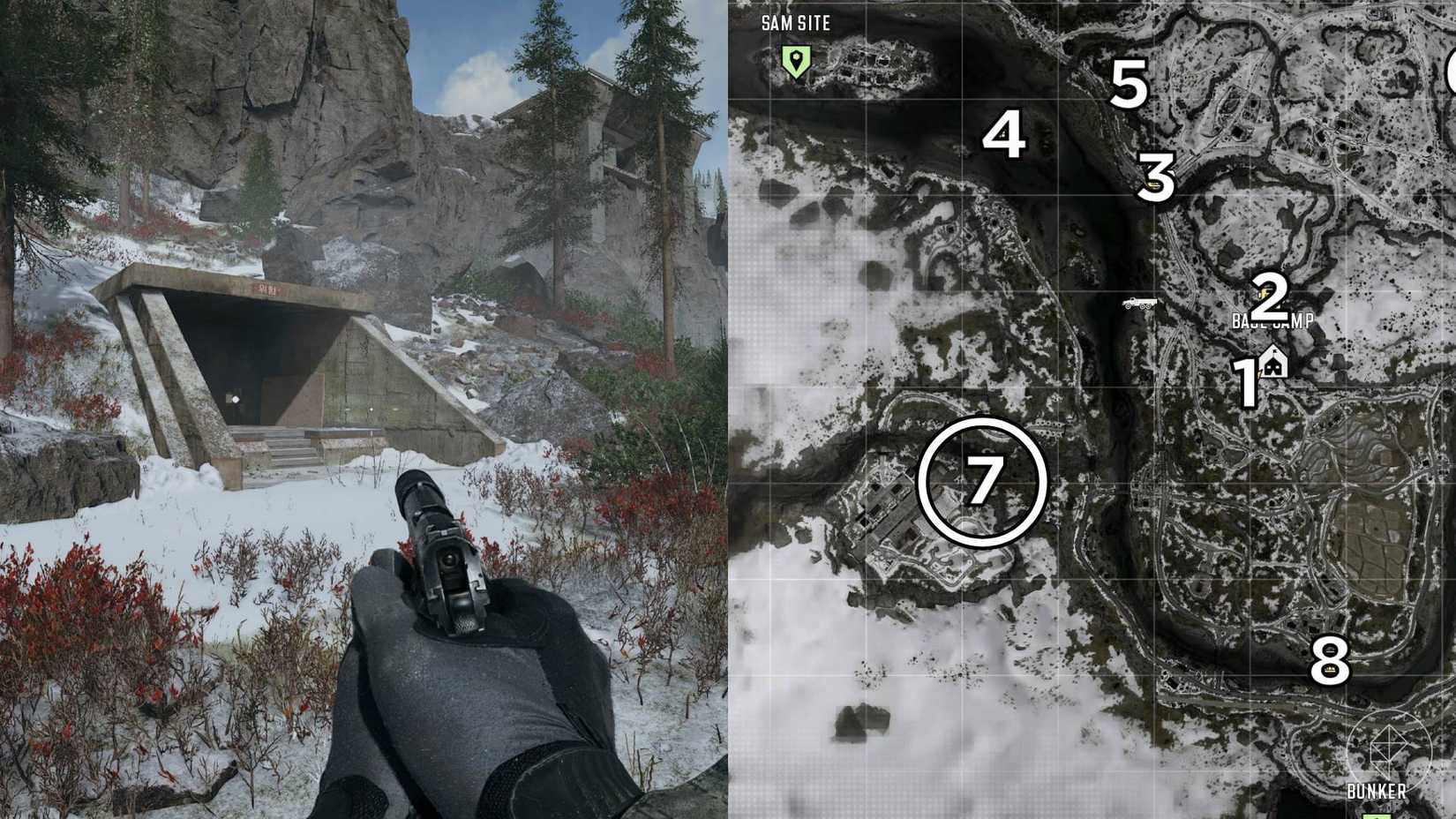 The left-hand side of the image shows the location of the keypad puzzle during the "Stranded" mission in Modern Warfare 4 while the right-hand side of the image shows the location numbered and circled on the in-game map.