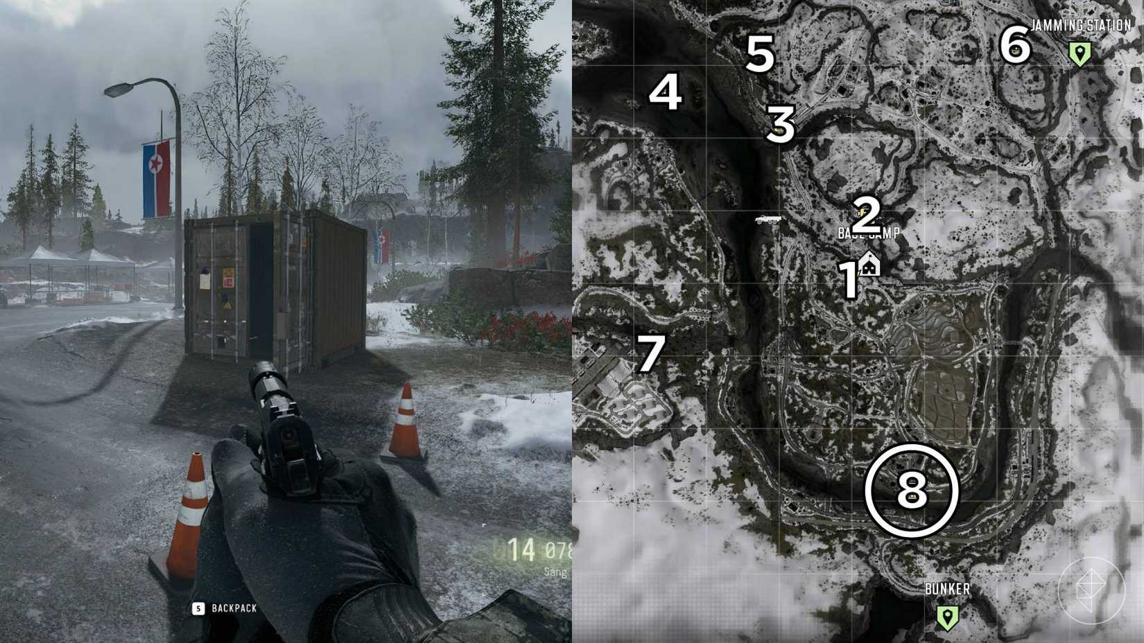 The left-hand side of the image shows the location of the keypad puzzle during the "Stranded" mission in Modern Warfare 4 while the right-hand side of the image shows the location numbered and circled on the in-game map.