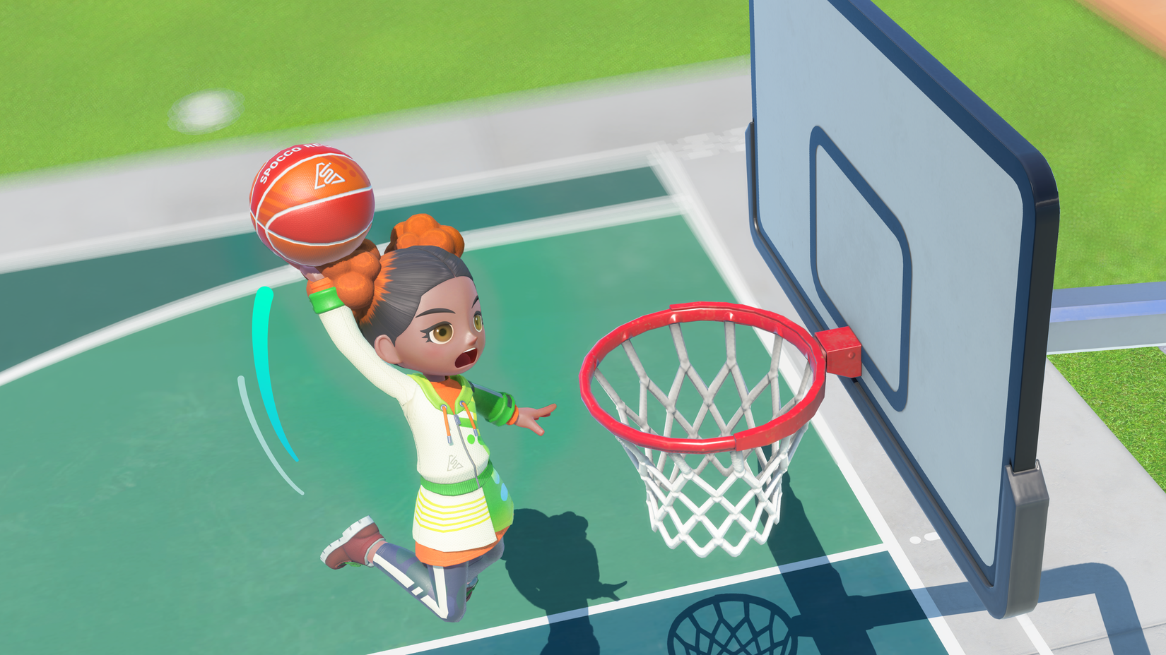 A character dunks a basketball in Nintendo Switch Sports resort.