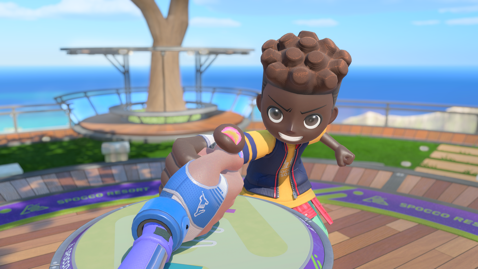 Characters thumb wrestle in Nintendo Switch Sports Resort.