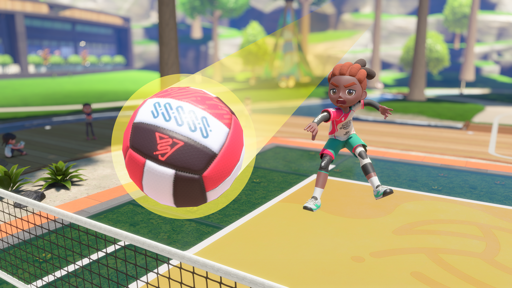 A character hits a volleyball in Nintendo Switch Sports Resort.