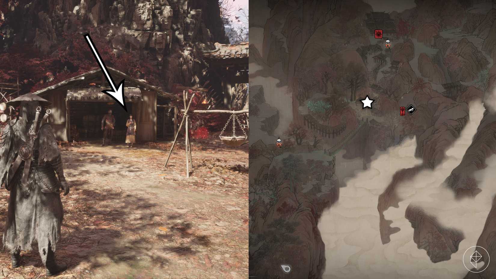 The "A Healer's Mercy" quest starting location at the Thieves' Camp in Phantom Blade Zero.
