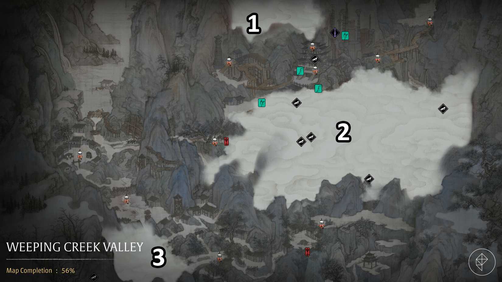 The three shrouded areas on the Weeping Creek Valley map in Phantom Blade Zero.