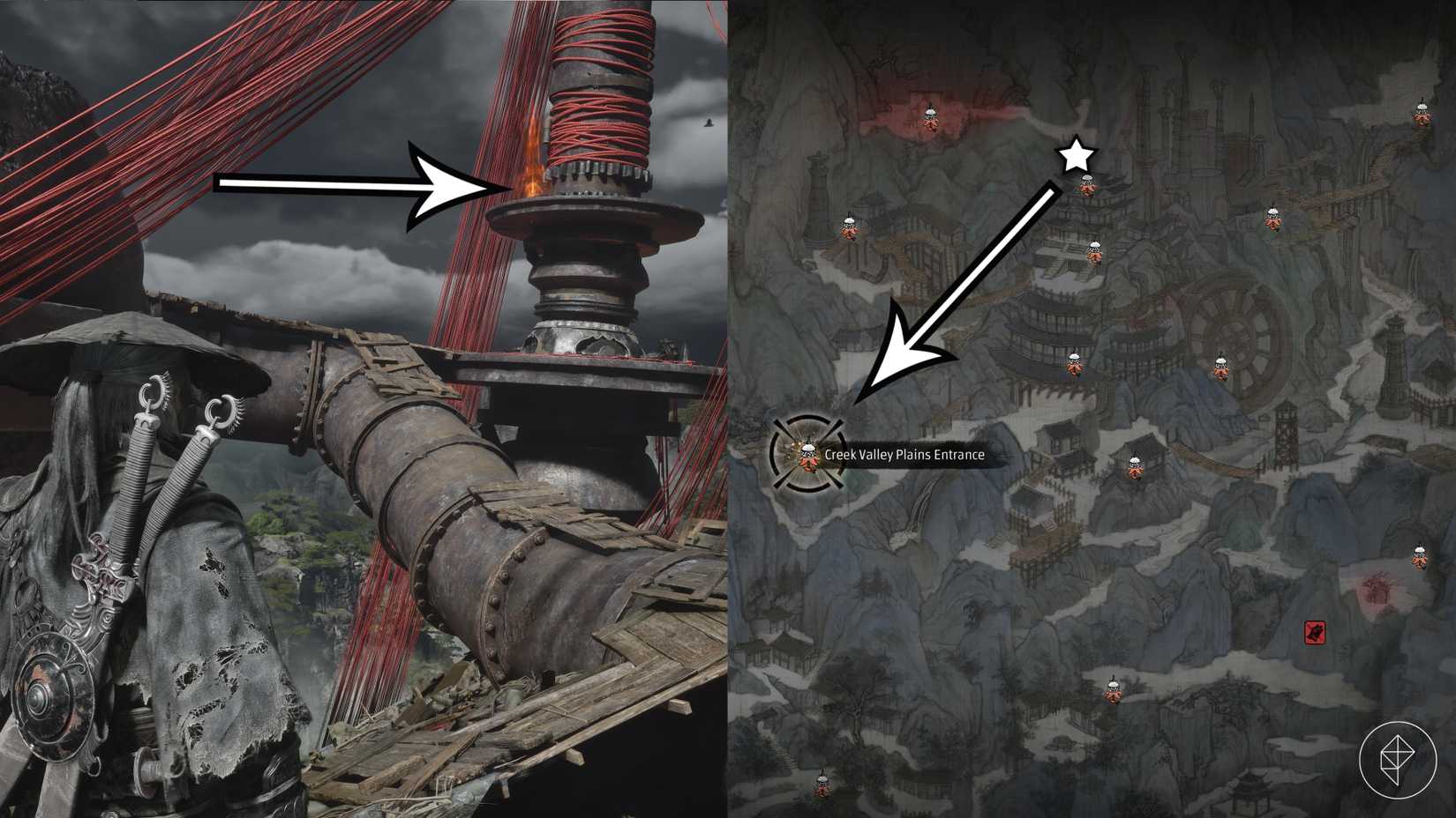 The key and locked door locations needed to enter the second shrouded area on the Weeping Creek Valley map in Phantom Blade Zero.