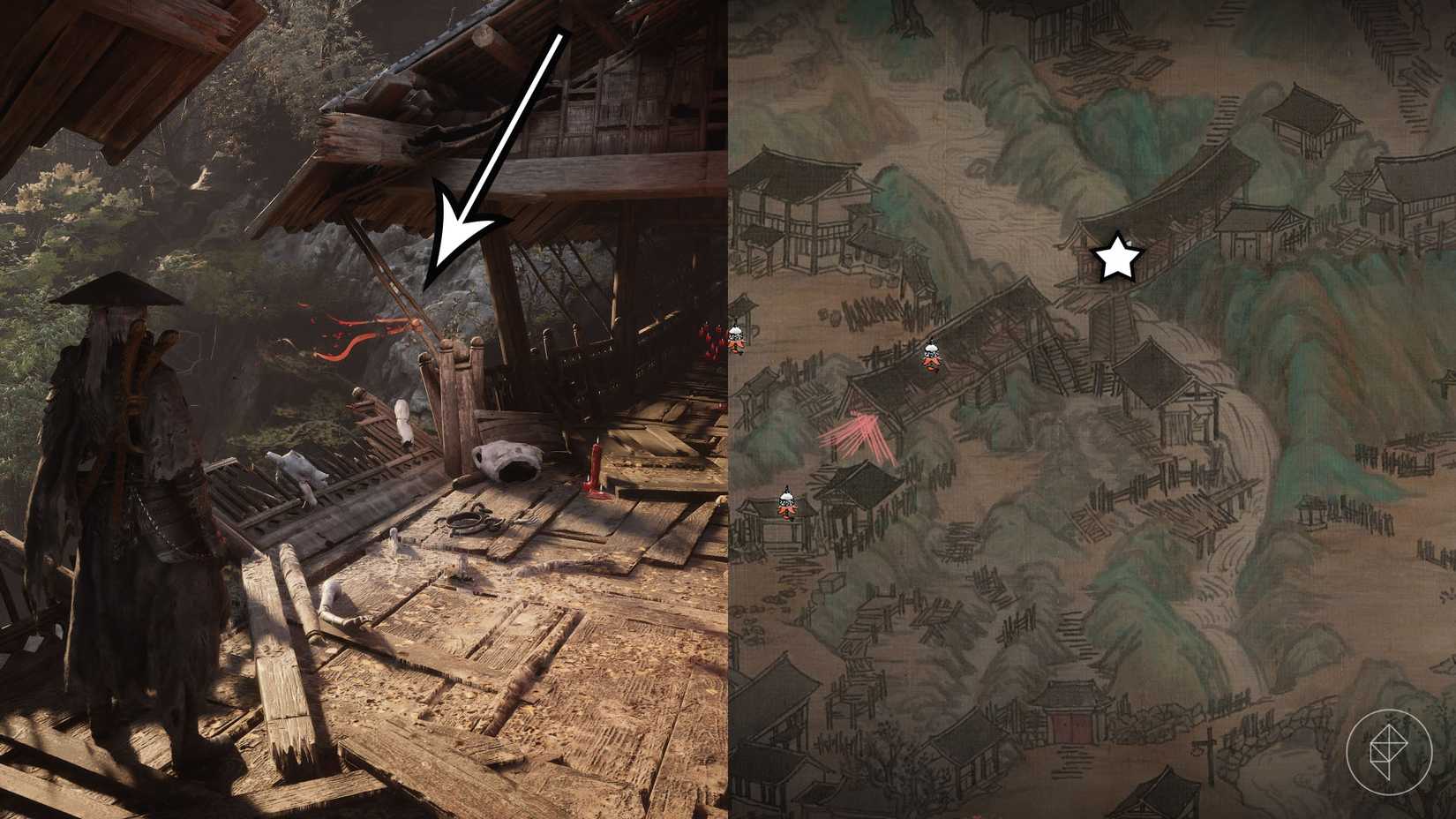 A Phantom Blade Zero montage showing the location of a ribbon in Village of Lu