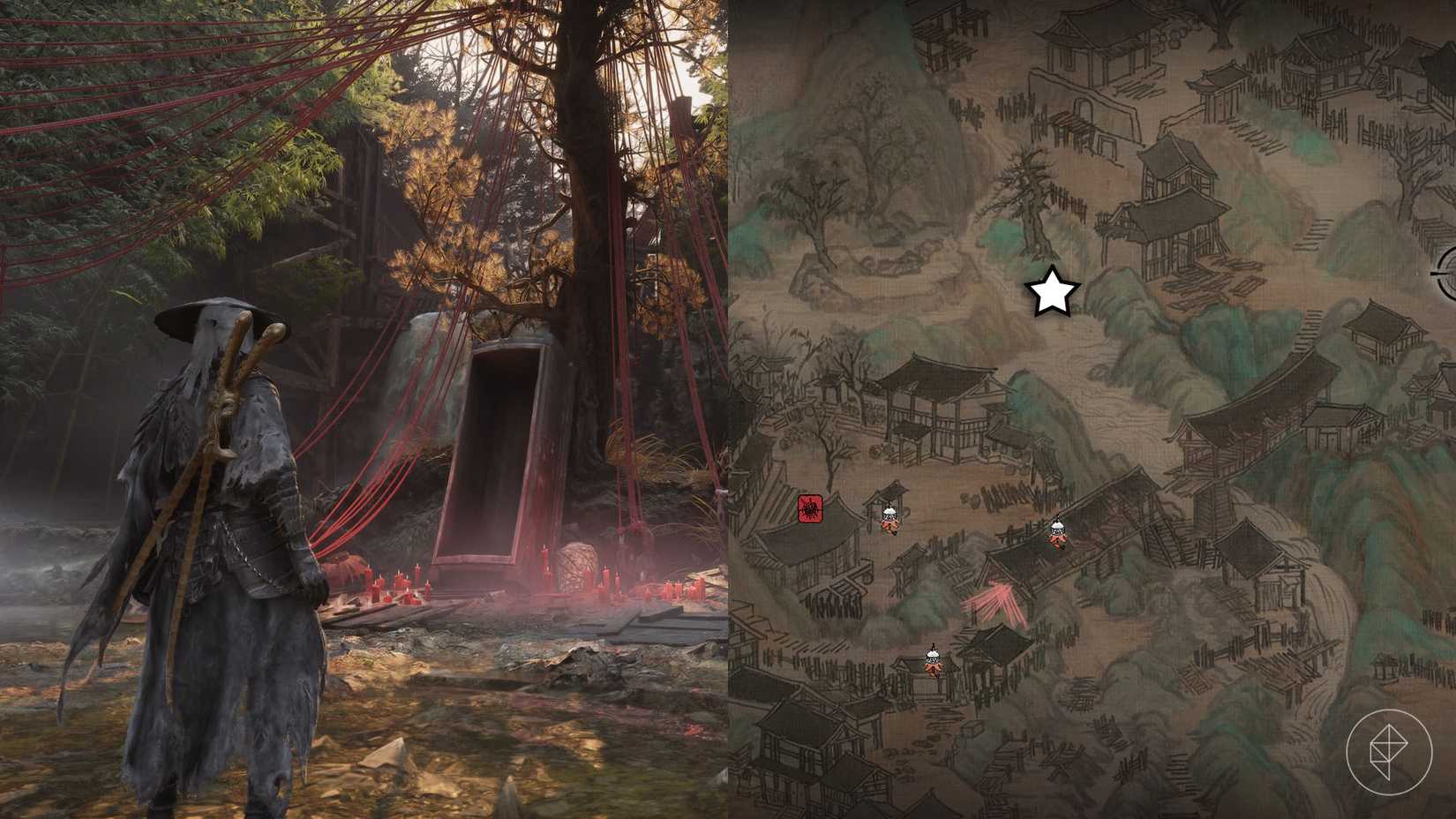 A Phantom Blade Zero montage showing the location of where you find the enemy you must defeat to unlock the covered bridge