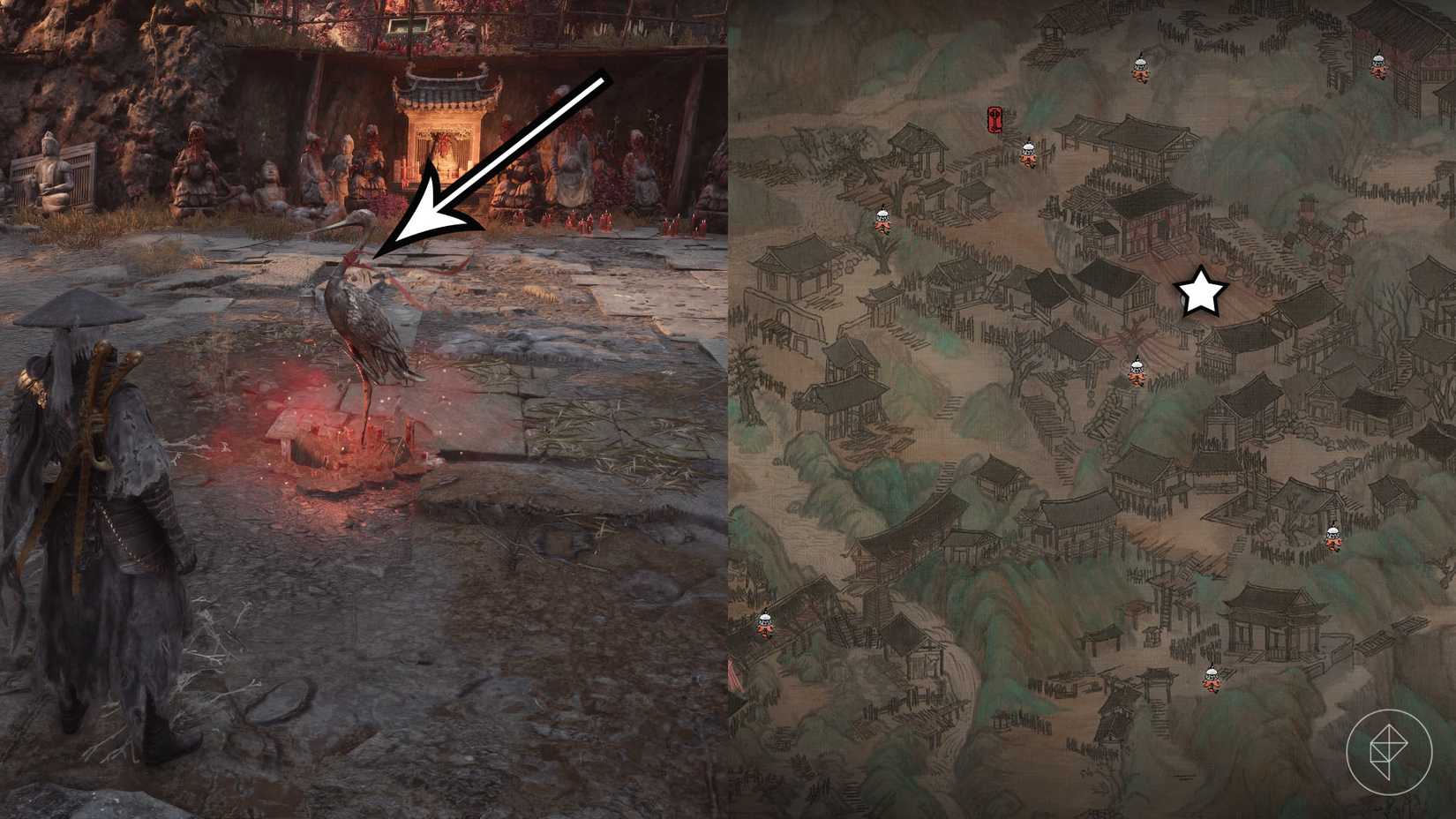 A Phantom Blade Zero montage showing the location of a ribbon in Village of Lu