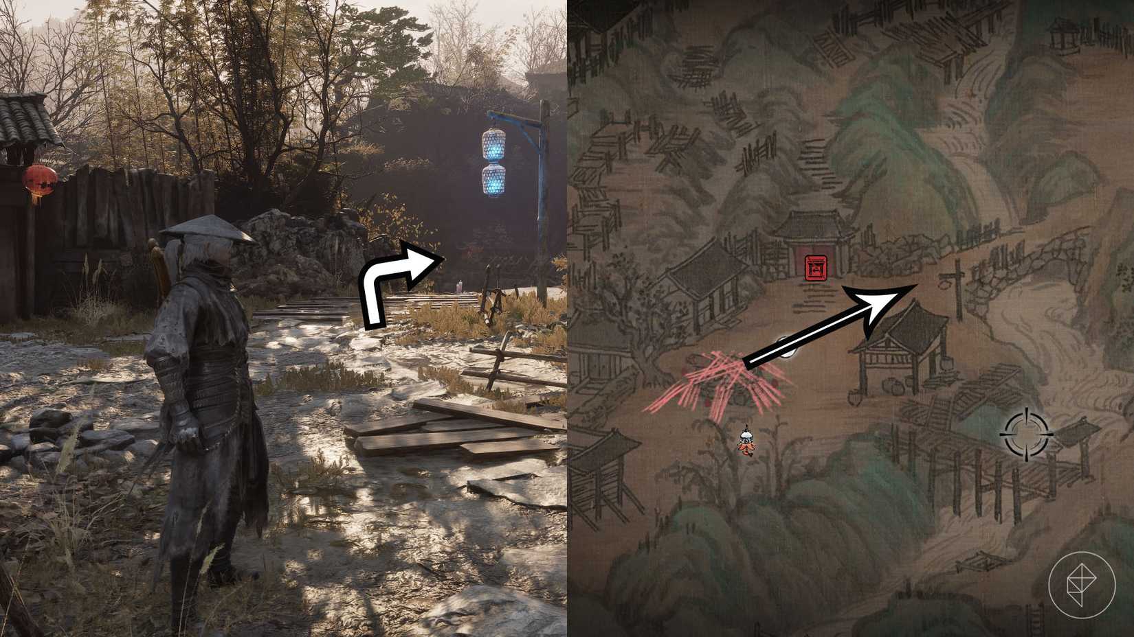 A Phantom Blade Zero montage showing the location of a ribbon in Village of Lu