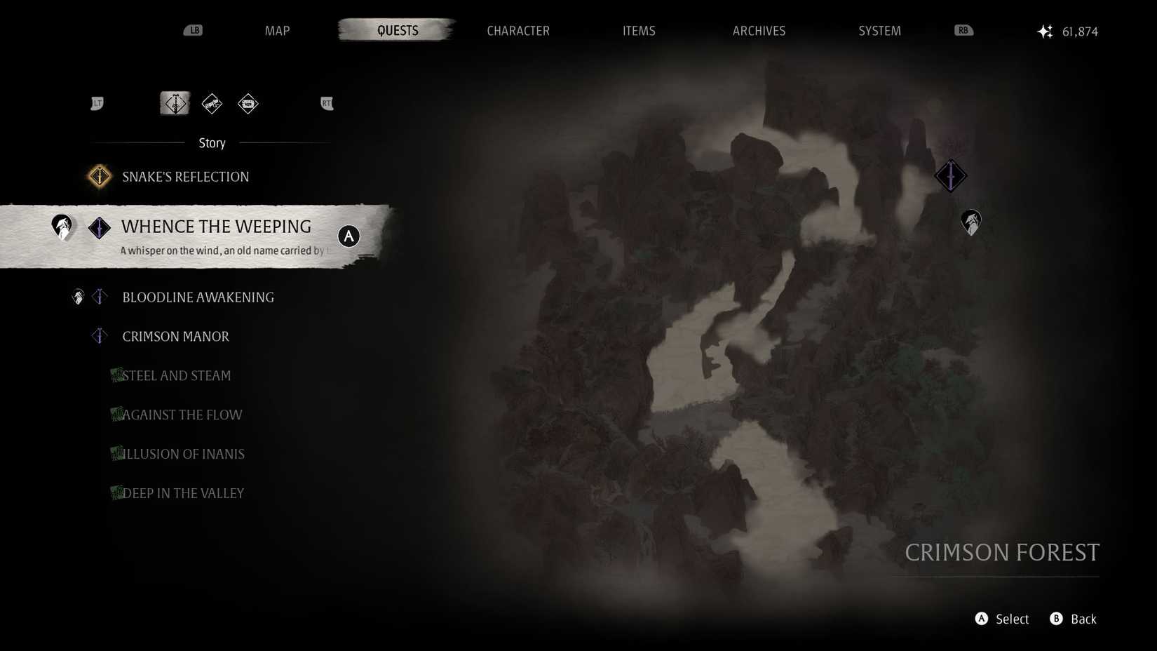 'Whence the Weeping' quest walkthrough in Phantom Blade Zero 13 A Phantom Blade Zero screenshot showing the location where you can must go to progress the Whence the Weeping quest in the Crimson Forest area