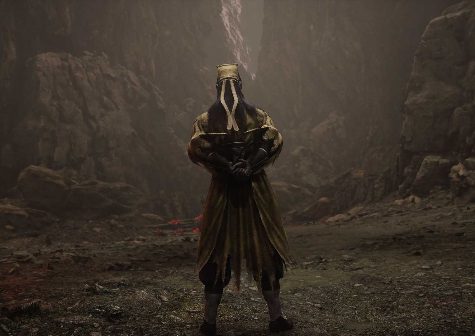 A Phantom Blade Zero screenshot showing a man in yellow clothes with his back to the camera