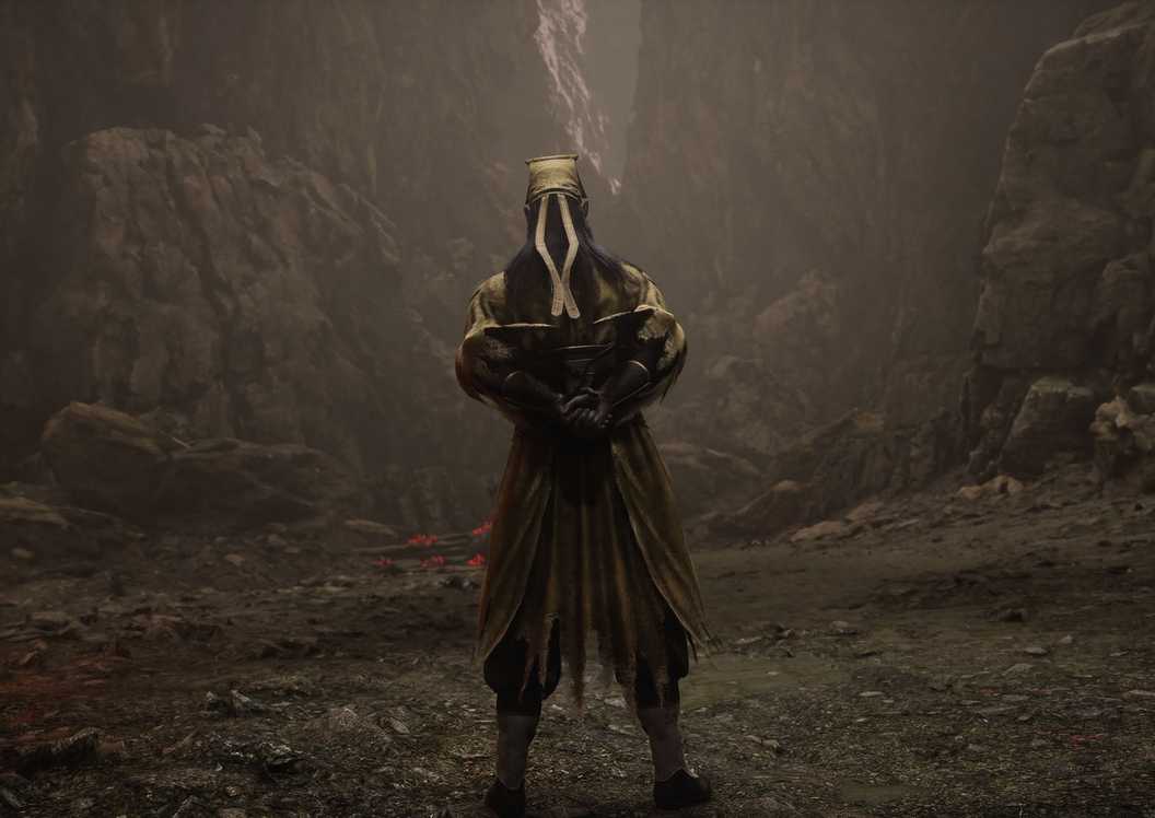 A Phantom Blade Zero screenshot showing a man wearing yellow clothes with his back to the camera