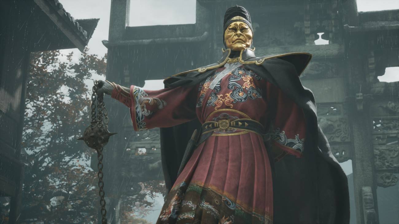 A Phantom Blade Zero screenshot showing a man wearing a golden mask