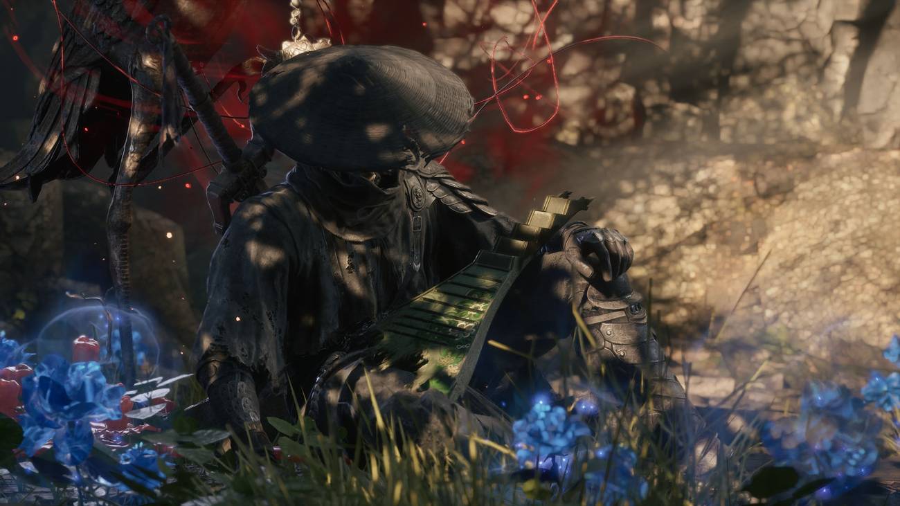 A Phantom Blade Zero screenshot showing Soul resting amid a flower bed