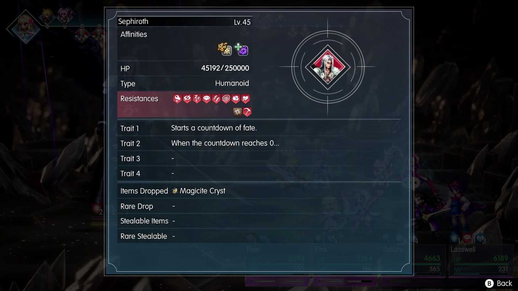 Details of Sephiorth during the third phase of his boss fight in Final Fantasy Resonance.