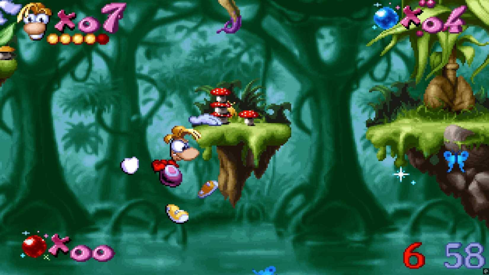 Rayman grips a ledge in the 1995 video game, Rayman