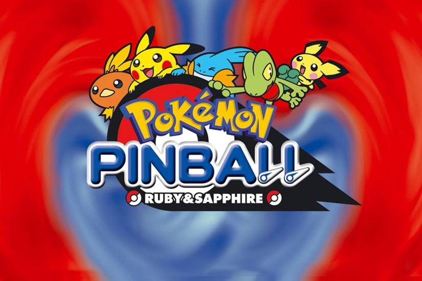Pokemon Pinball: Ruby & Sapphire (GBA) key art shows cartoon Pokemon creatures behind logo with Pokeball